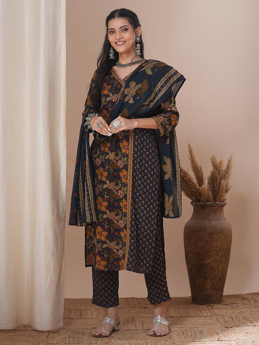 Ethnic Floral Printed & Embroidered Straight Kurta with Pant & Dupatta - Blue
