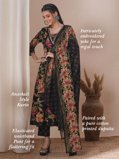 Ethnic Floral Printed & Embroidered Anarkali Flared Kurta with Pant & Dupatta - Black