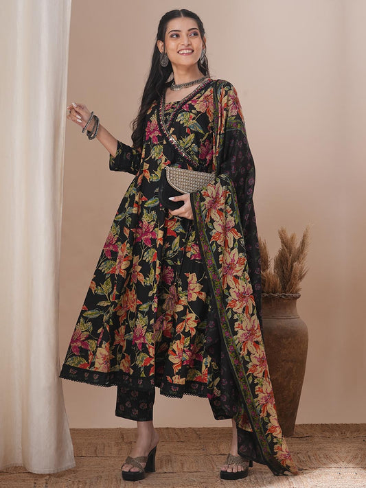 Ethnic Floral Printed & Embroidered Anarkali Flared Kurta with Pant & Dupatta - Black