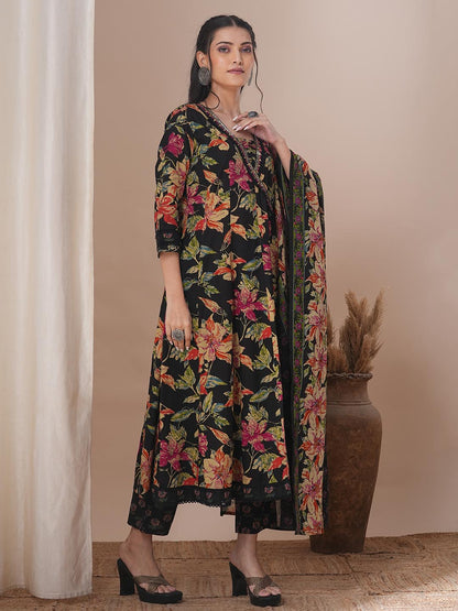 Ethnic Floral Printed & Embroidered Anarkali Flared Kurta with Pant & Dupatta - Black