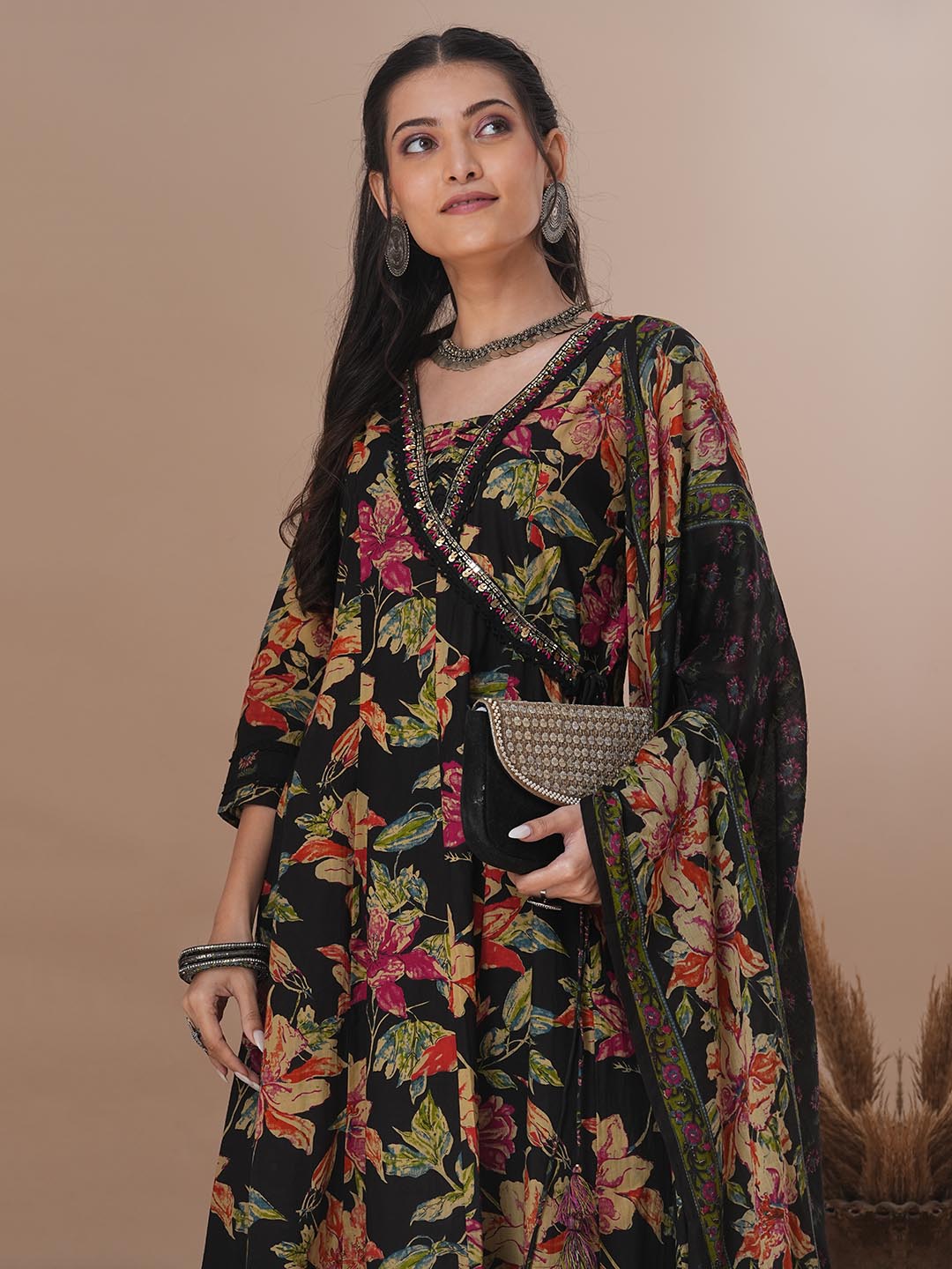 Ethnic Floral Printed & Embroidered Anarkali Flared Kurta with Pant & Dupatta - Black