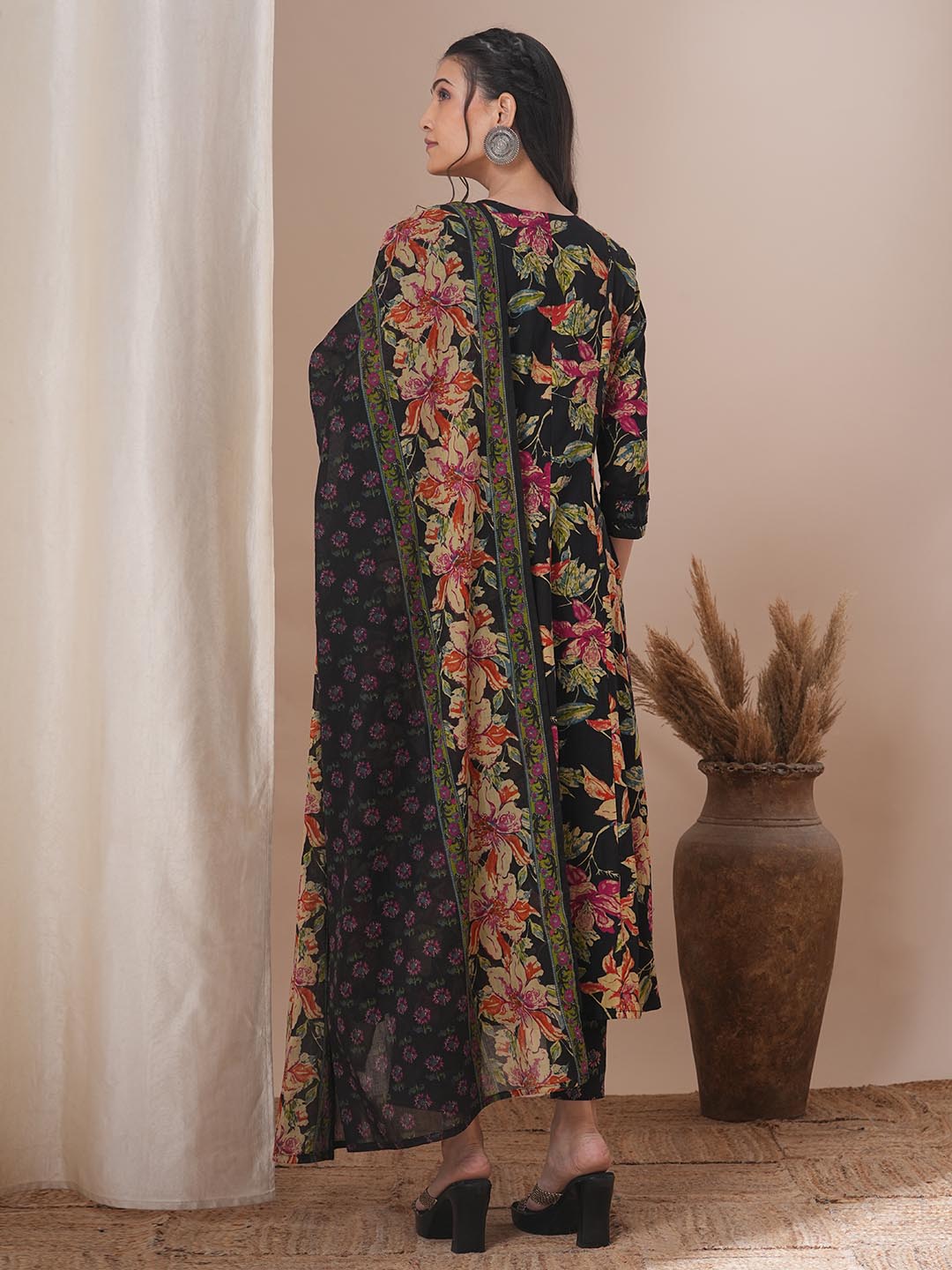 Ethnic Floral Printed & Embroidered Anarkali Flared Kurta with Pant & Dupatta - Black