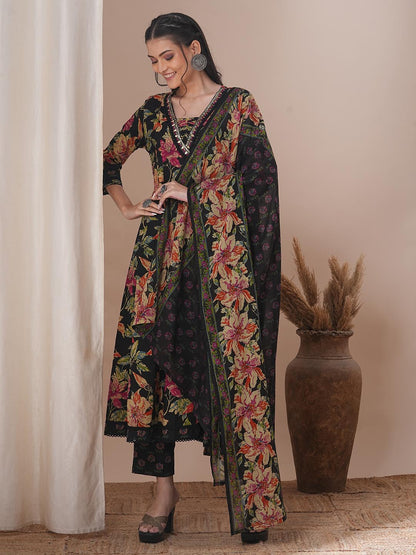 Ethnic Floral Printed & Embroidered Anarkali Flared Kurta with Pant & Dupatta - Black