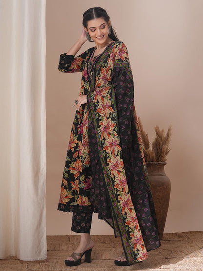 Ethnic Floral Printed & Embroidered Anarkali Flared Kurta with Pant & Dupatta - Black