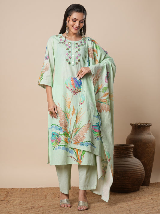 Floral Printed & Hand Embroidered Kurta with Pant and Dupatta - Pastel Green