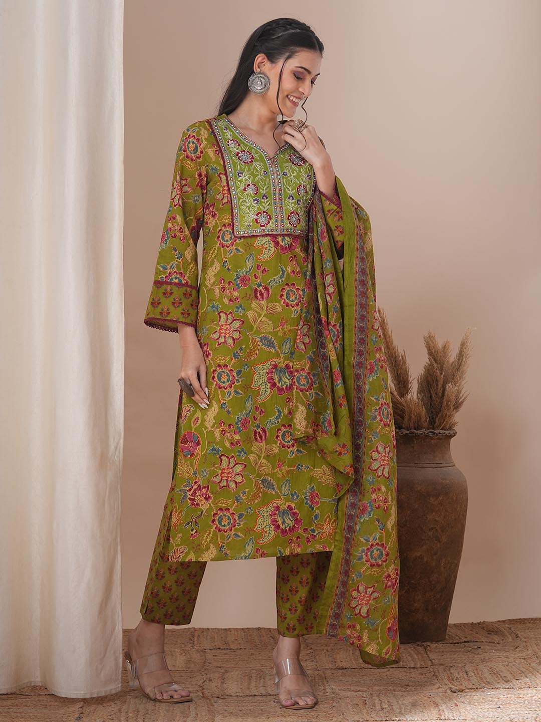 Ethnic Floral Printed & Embroidered Straight Kurta with Pant & Dupatta - Green