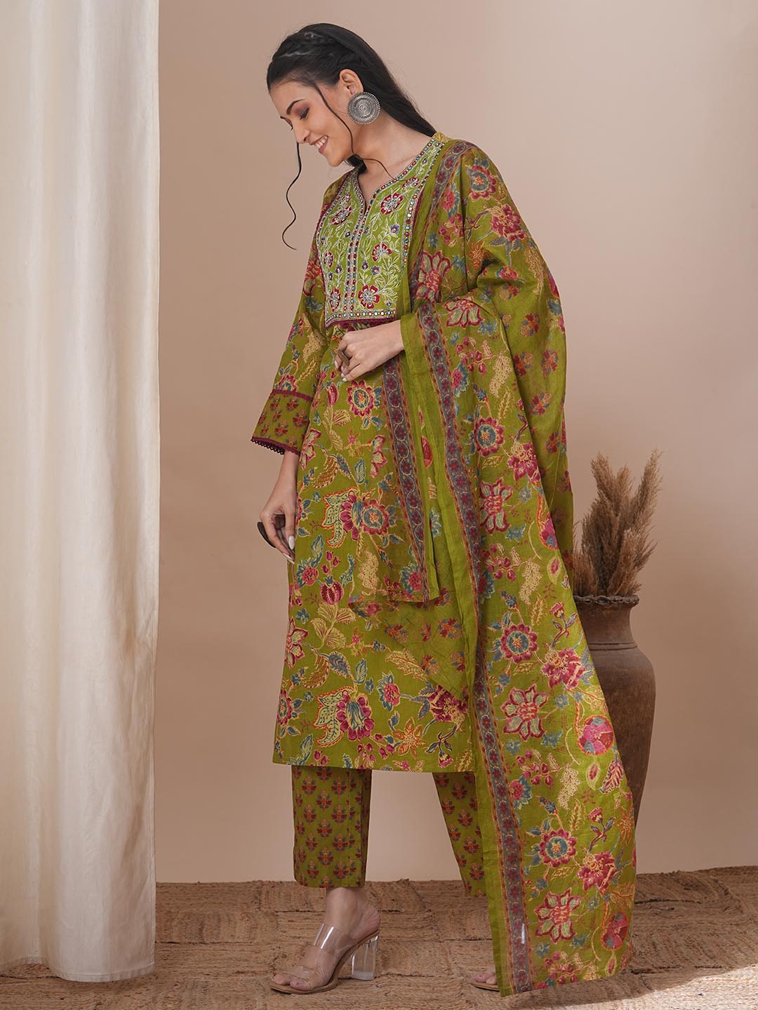 Ethnic Floral Printed & Embroidered Straight Kurta with Pant & Dupatta - Green