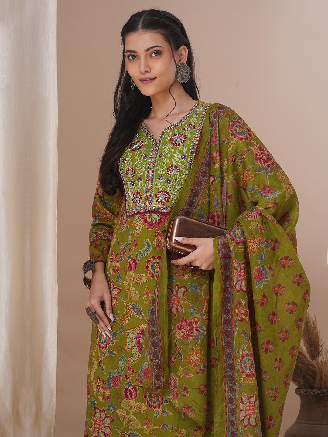 Ethnic Floral Printed & Embroidered Straight Kurta with Pant & Dupatta - Green