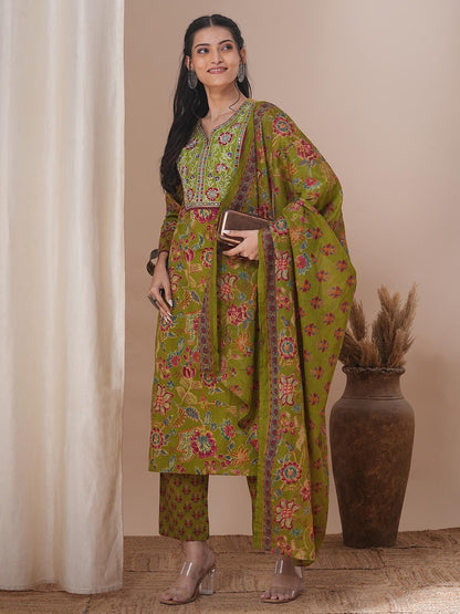 Ethnic Floral Printed & Embroidered Straight Kurta with Pant & Dupatta - Green