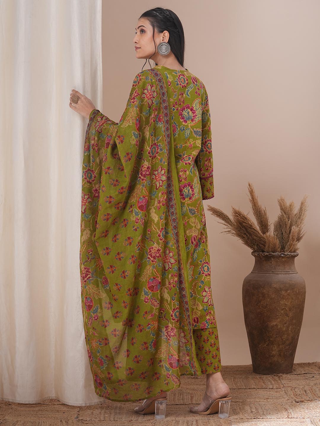 Ethnic Floral Printed & Embroidered Straight Kurta with Pant & Dupatta - Green