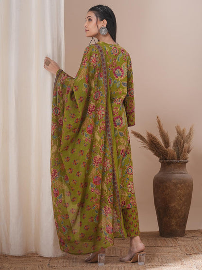 Ethnic Floral Printed & Embroidered Straight Kurta with Pant & Dupatta - Green