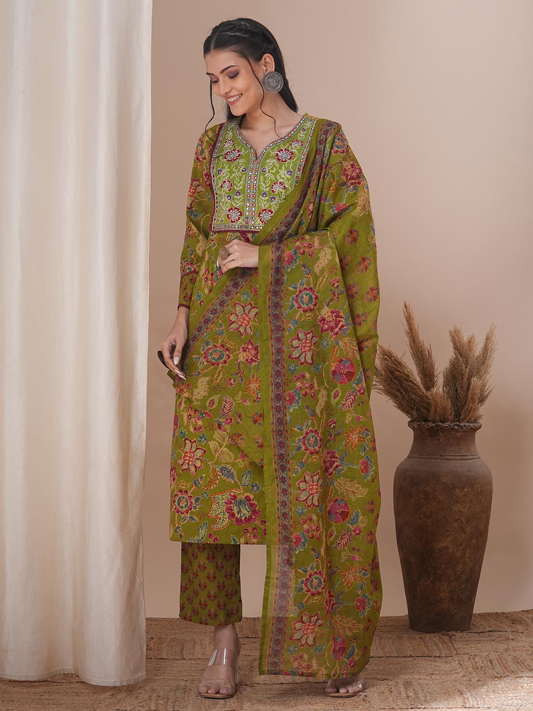 Ethnic Floral Printed & Embroidered Straight Kurta with Pant & Dupatta - Green