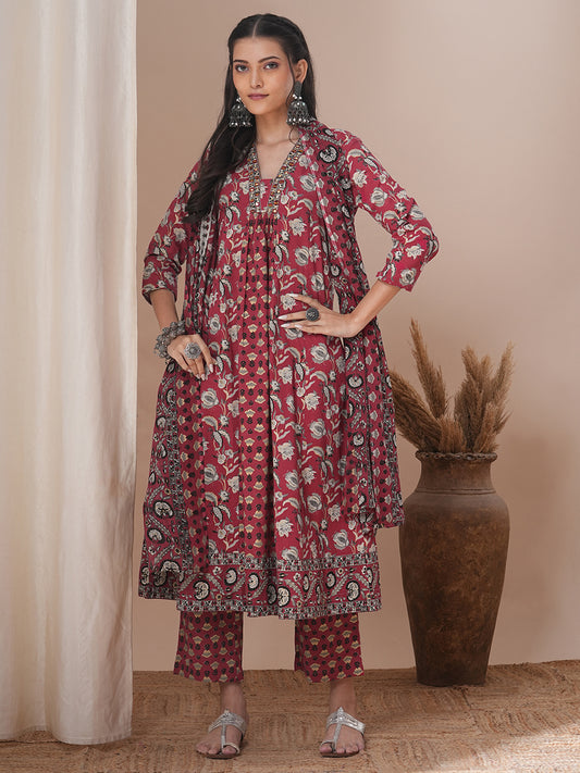 Ethnic Floral Printed Anarkali Kurta with Pant and Dupatta - Red