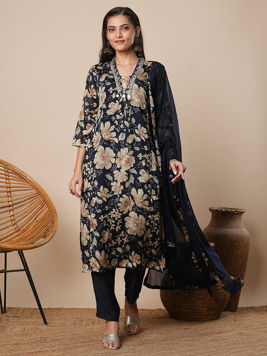 Floral Printed & Embroidered A-Line Kurta with Pant & Dupatta - Navy Blue