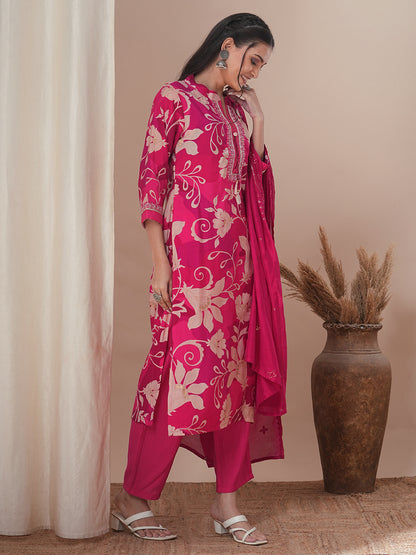 Abstract Floral Printed & Embroidered Straight Kurta with Pant & Dupatta - Pink