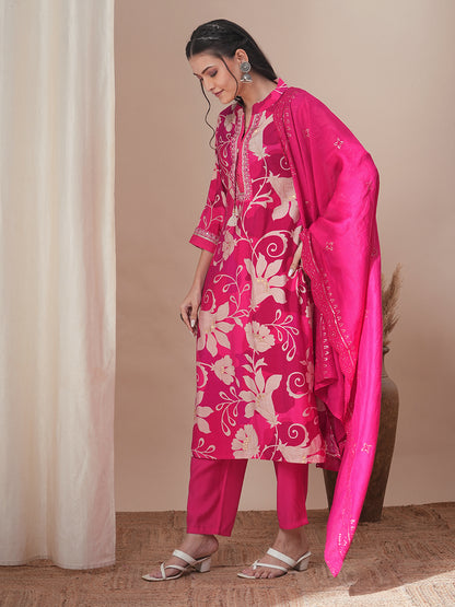 Abstract Floral Printed & Embroidered Straight Kurta with Pant & Dupatta - Pink