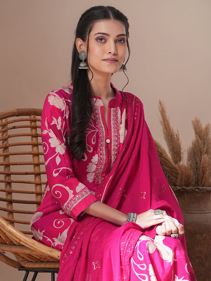 Abstract Floral Printed & Embroidered Straight Kurta with Pant & Dupatta - Pink