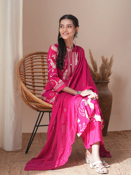 Abstract Floral Printed & Embroidered Straight Kurta with Pant & Dupatta - Pink