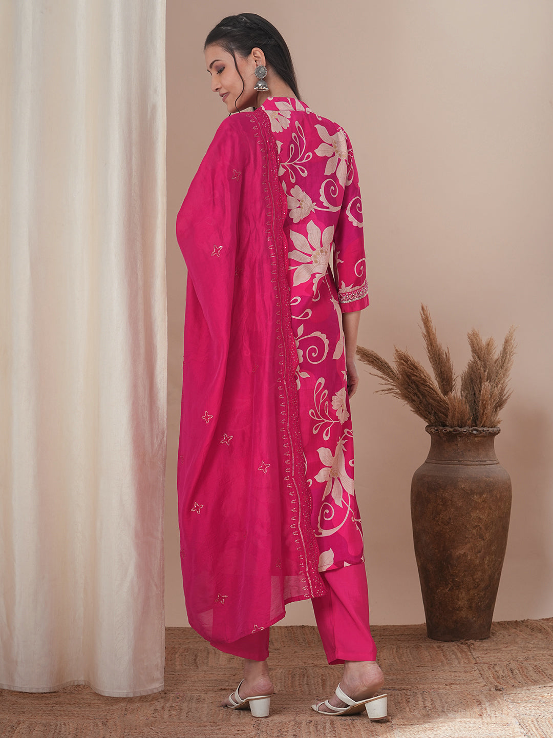 Abstract Floral Printed & Embroidered Straight Kurta with Pant & Dupatta - Pink