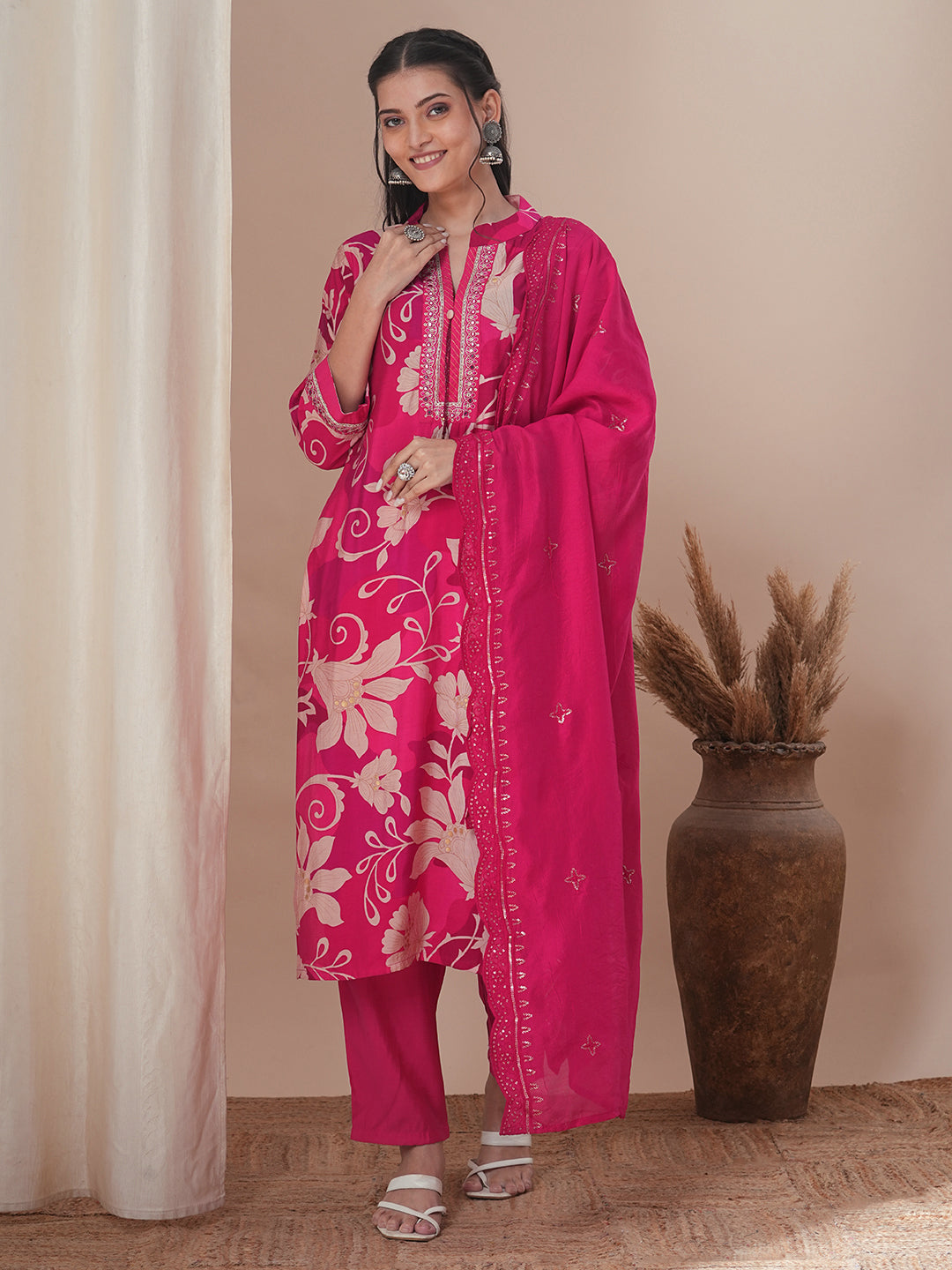 Abstract Floral Printed & Embroidered Straight Kurta with Pant & Dupatta - Pink