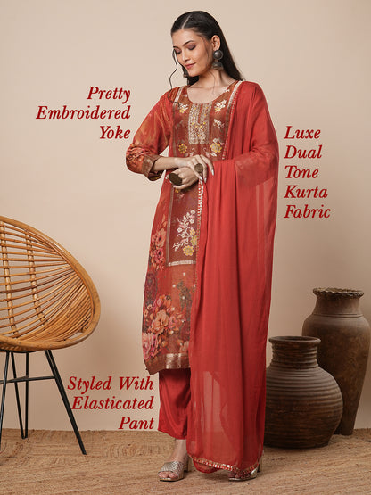 Floral Printed & Embroidered Straight Kurta with Pant & Dupatta - Rust