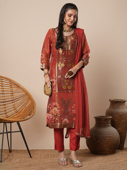 Floral Printed & Embroidered Straight Kurta with Pant & Dupatta - Rust