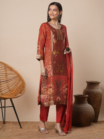 Floral Printed & Embroidered Straight Kurta with Pant & Dupatta - Rust