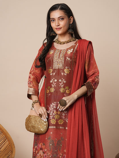 Floral Printed & Embroidered Straight Kurta with Pant & Dupatta - Rust