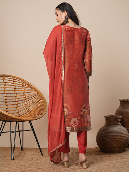 Floral Printed & Embroidered Straight Kurta with Pant & Dupatta - Rust