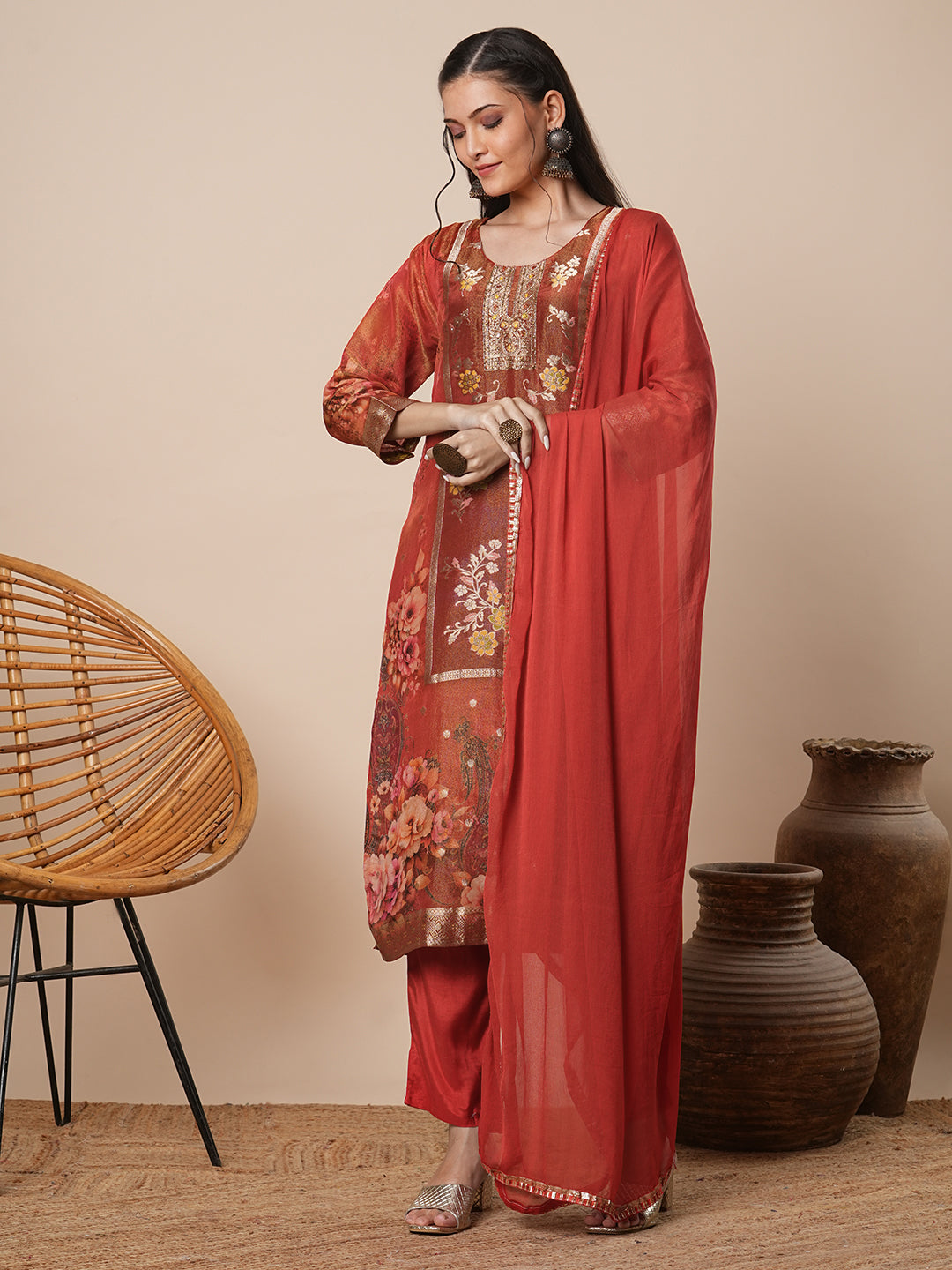 Floral Printed & Embroidered Straight Kurta with Pant & Dupatta - Rust