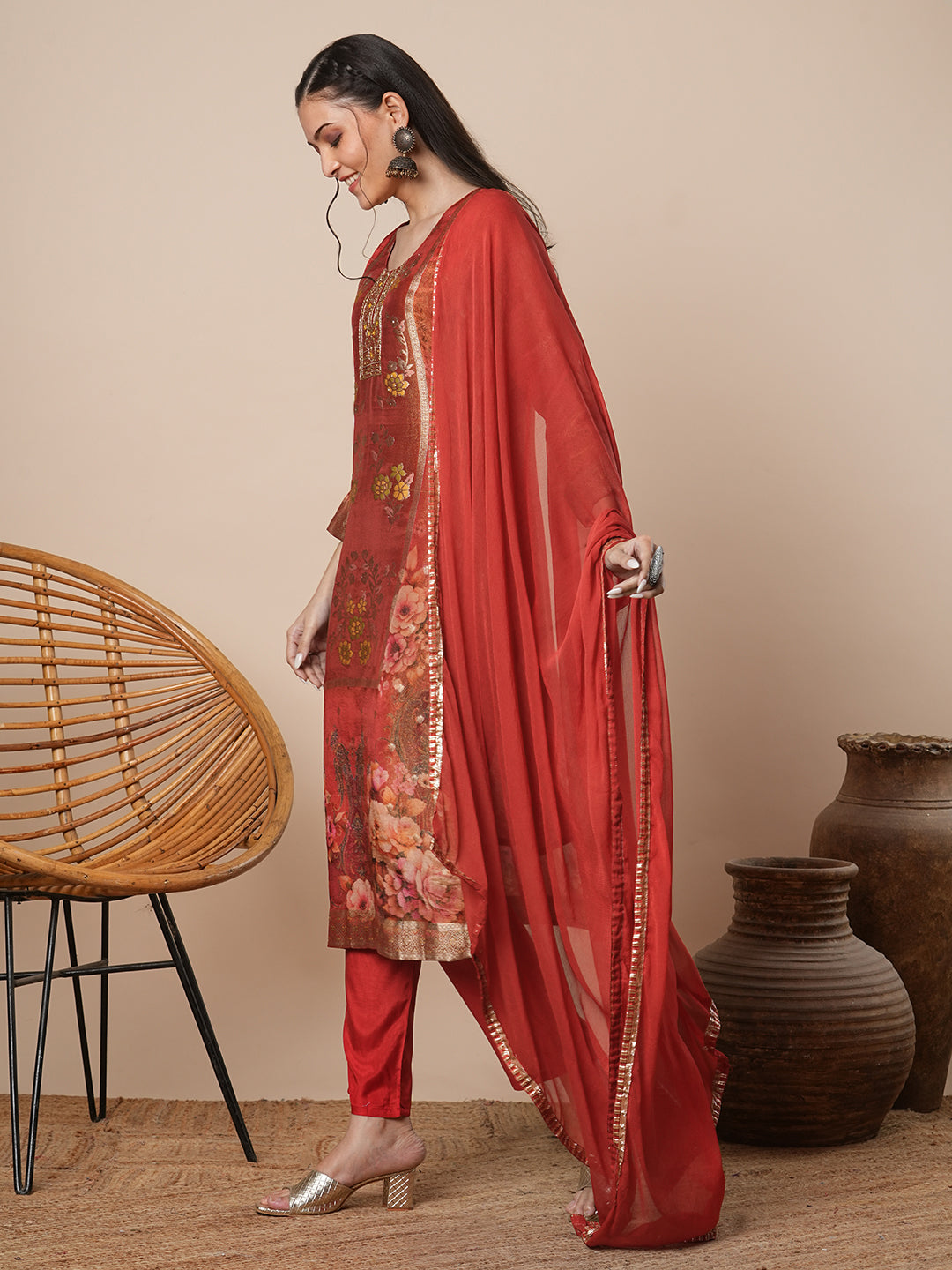 Floral Printed & Embroidered Straight Kurta with Pant & Dupatta - Rust