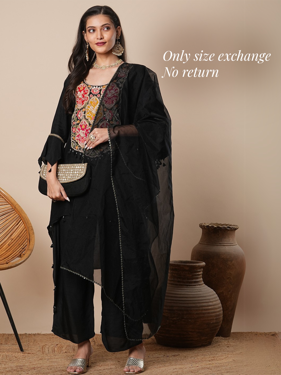 Solid Floral Hand Embroidered A-Line High -Low Kurta with Palazzo & Dupatta - Black