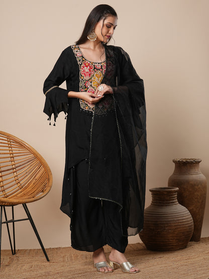 Solid Floral Hand Embroidered A-Line High -Low Kurta with Palazzo & Dupatta - Black