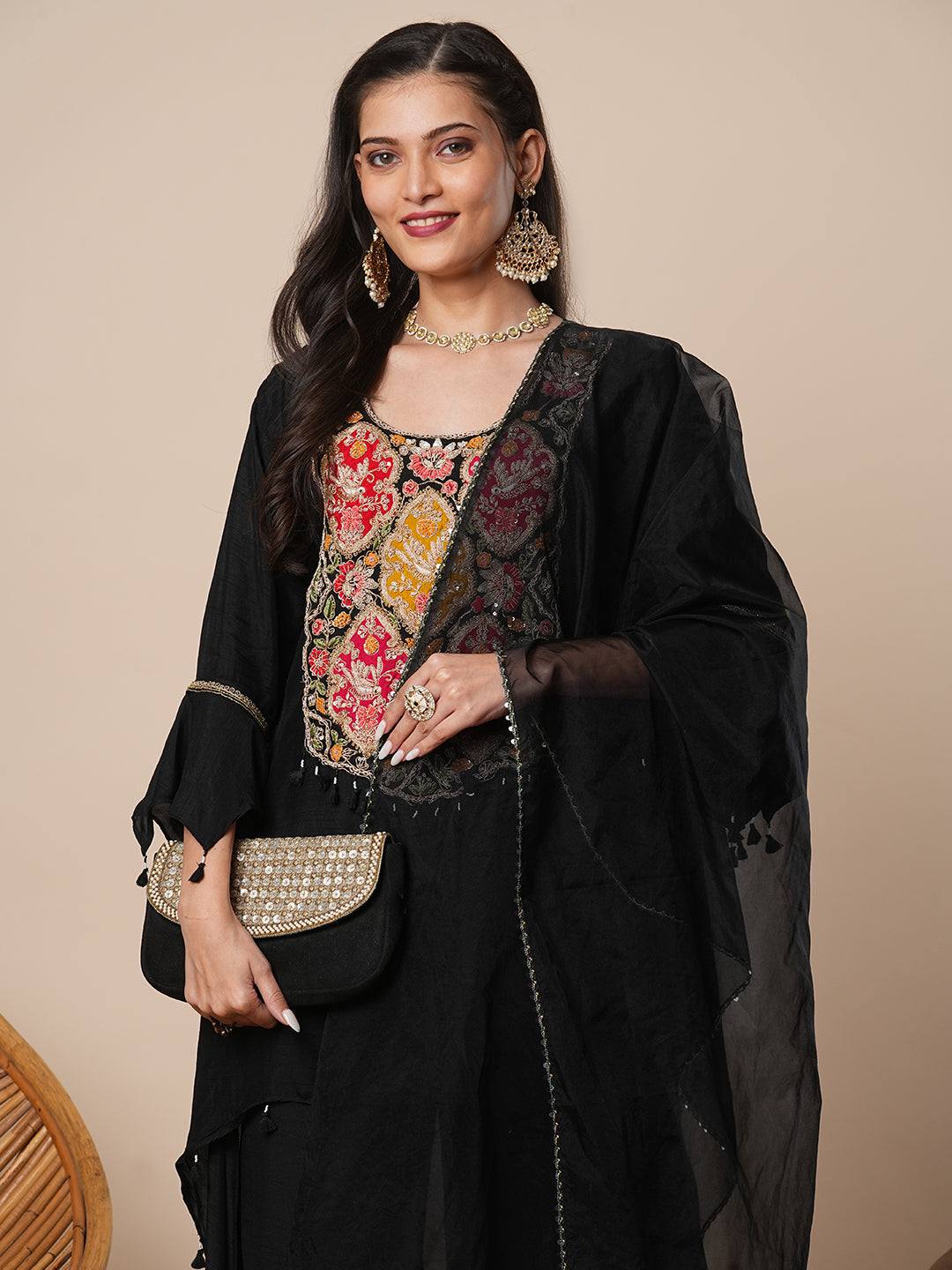 Solid Floral Hand Embroidered A-Line High -Low Kurta with Palazzo & Dupatta - Black