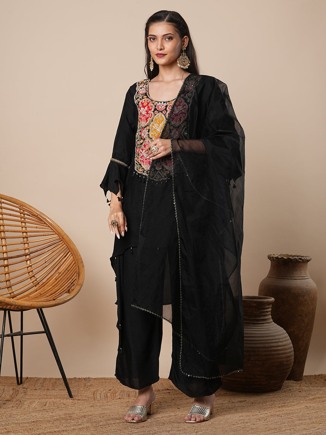 Solid Floral Hand Embroidered A-Line High -Low Kurta with Palazzo & Dupatta - Black