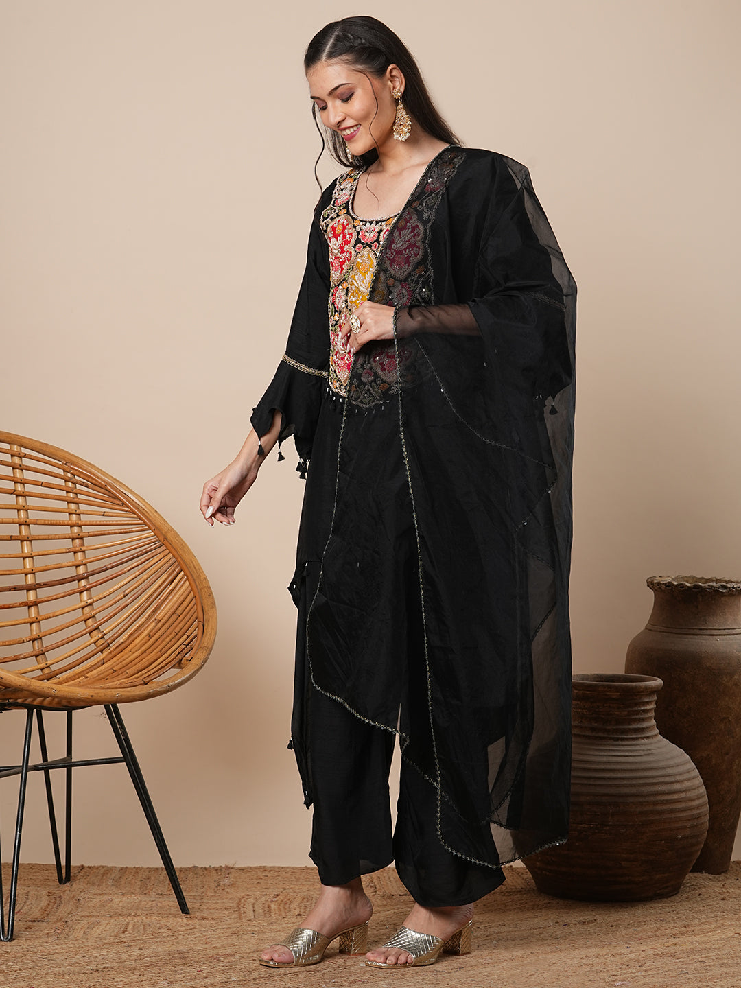 Solid Floral Hand Embroidered A-Line High -Low Kurta with Palazzo & Dupatta - Black