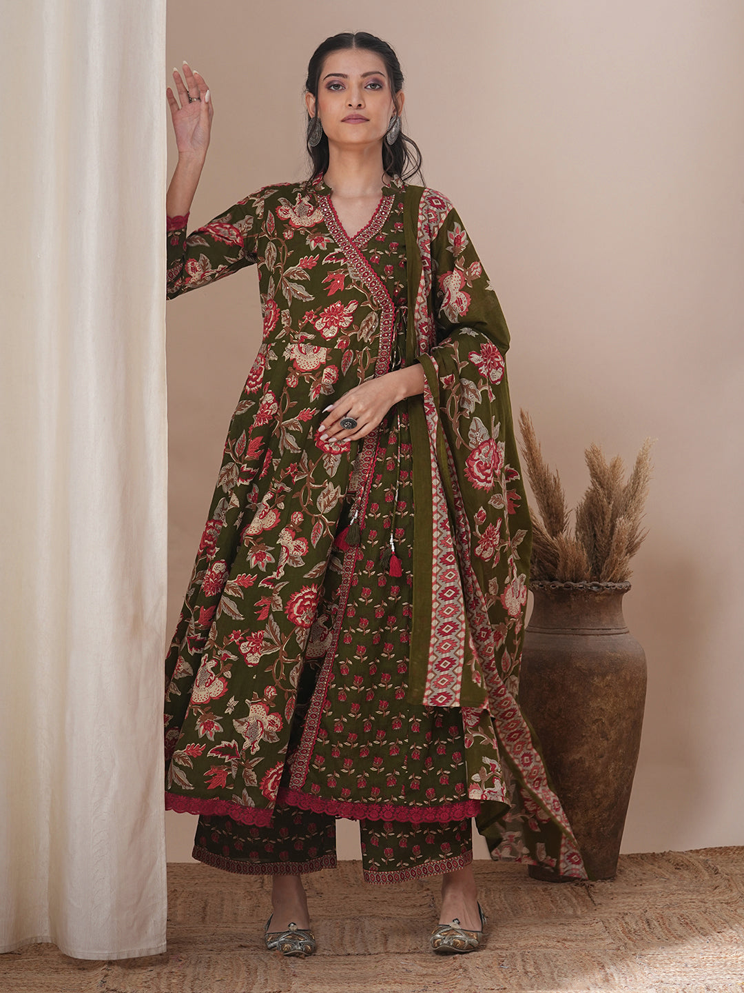 Ethnic Floral Printed & Embroidered Anarkali Flared Kurta with Pant & Dupatta - Green