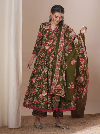 Ethnic Floral Printed & Embroidered Anarkali Flared Kurta with Pant & Dupatta - Green