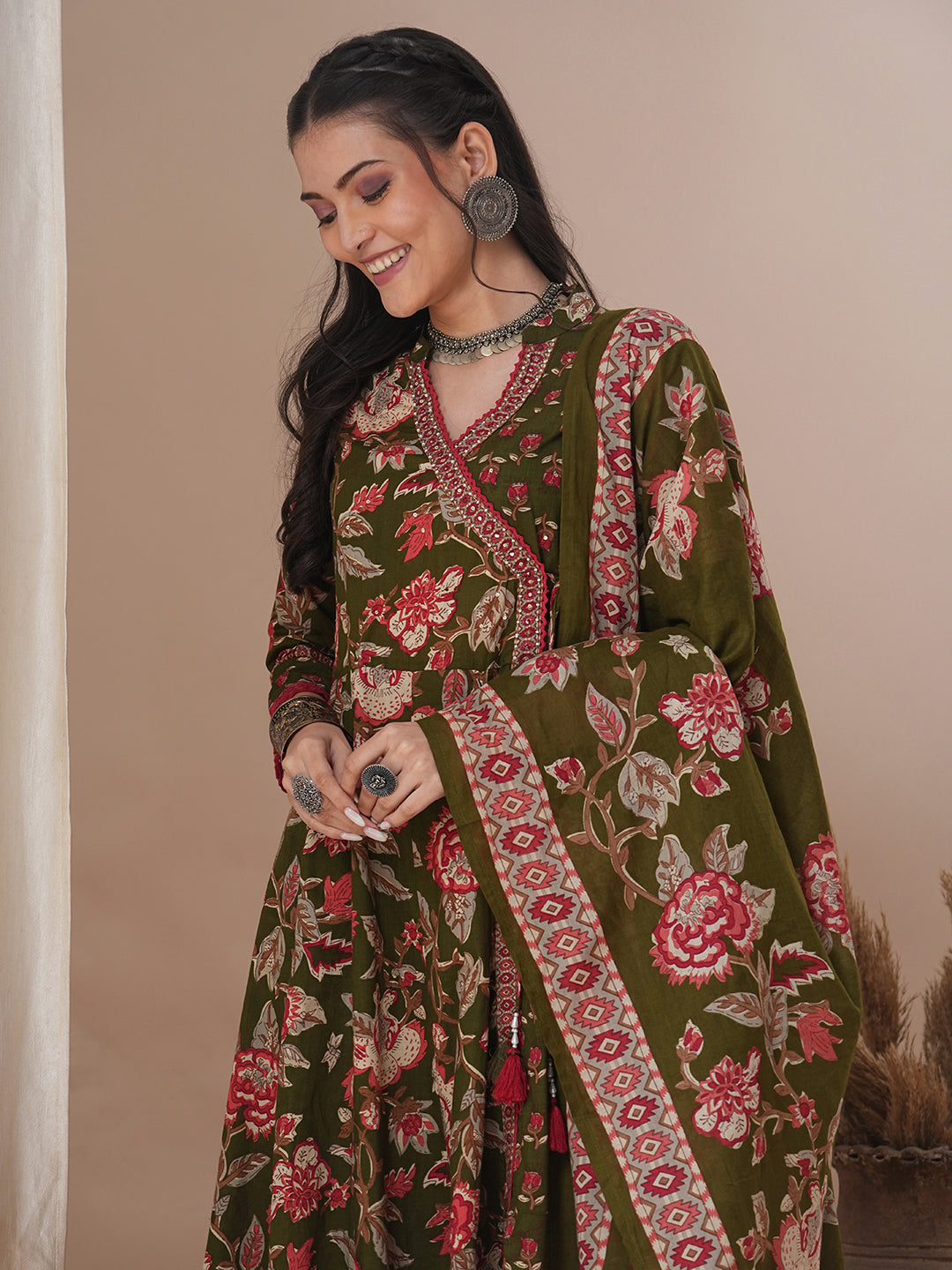 Ethnic Floral Printed & Embroidered Anarkali Flared Kurta with Pant & Dupatta - Green