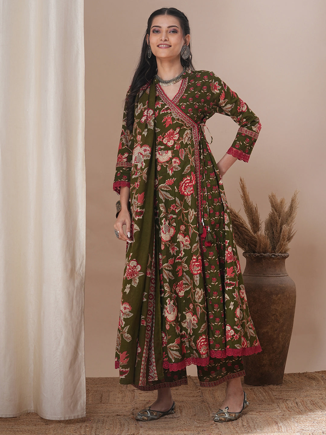 Ethnic Floral Printed & Embroidered Anarkali Flared Kurta with Pant & Dupatta - Green