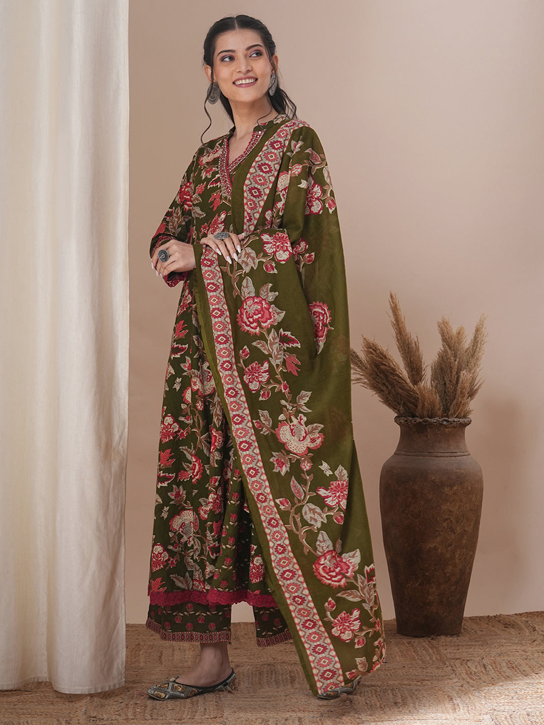 Ethnic Floral Printed & Embroidered Anarkali Flared Kurta with Pant & Dupatta - Green