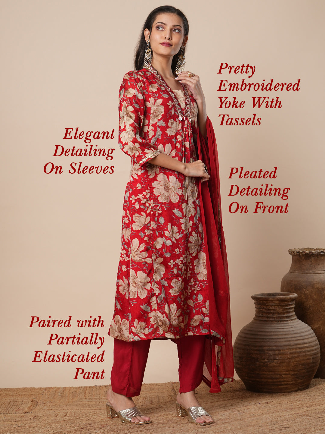 Floral Printed & Embroidered A-Line Kurta with Pant & Dupatta - Red