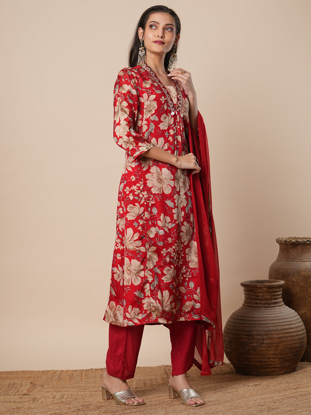 Floral Printed & Embroidered A-Line Kurta with Pant & Dupatta - Red