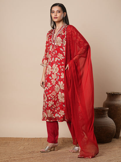 Floral Printed & Embroidered A-Line Kurta with Pant & Dupatta - Red