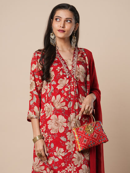 Floral Printed & Embroidered A-Line Kurta with Pant & Dupatta - Red