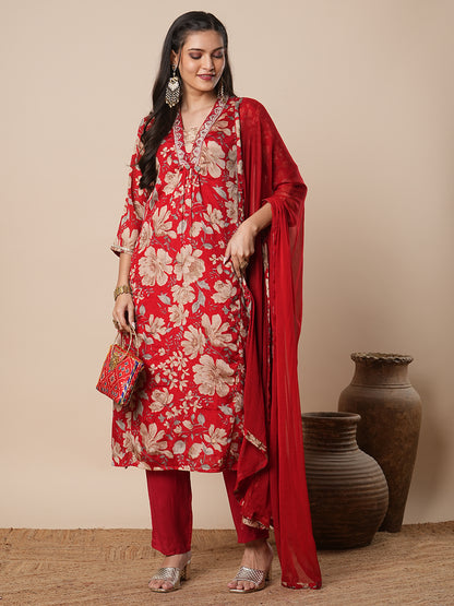 Floral Printed & Embroidered A-Line Kurta with Pant & Dupatta - Red