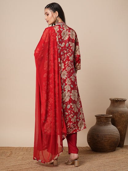 Floral Printed & Embroidered A-Line Kurta with Pant & Dupatta - Red