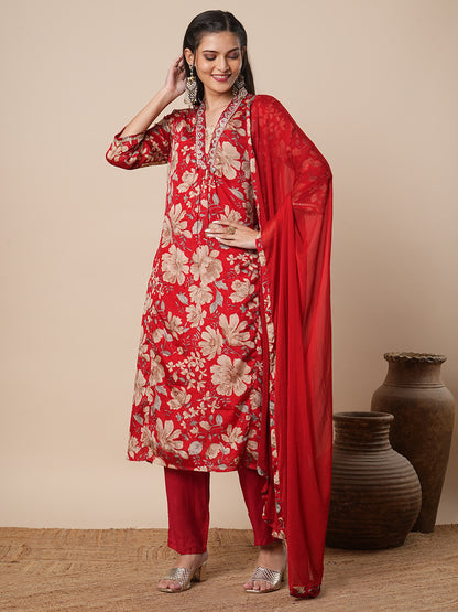 Floral Printed & Embroidered A-Line Kurta with Pant & Dupatta - Red