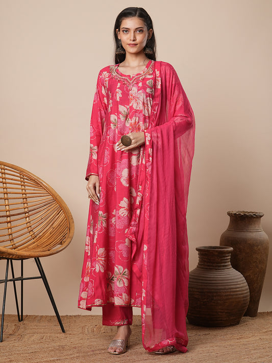 Abstract Floral Printed Embroidered Anarkali Flared Kurta with Pant and Dupatta - Pink