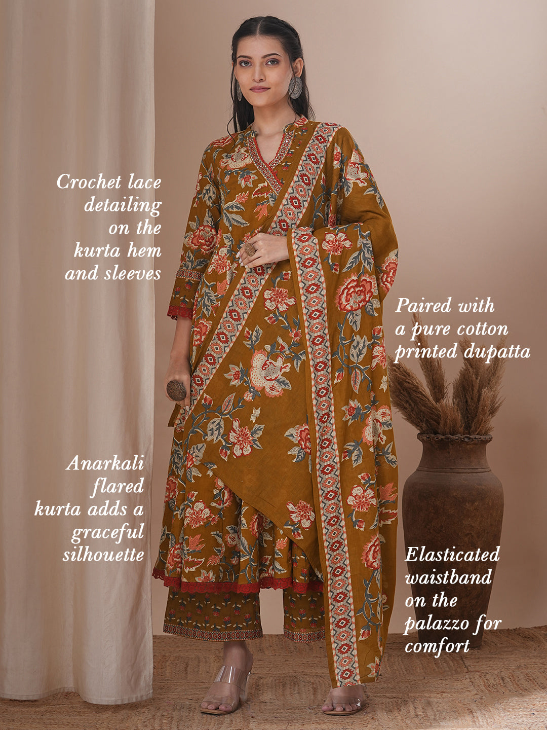 Ethnic Floral Printed & Embroidered Anarkali Flared Kurta with Pant & Dupatta - Mustard